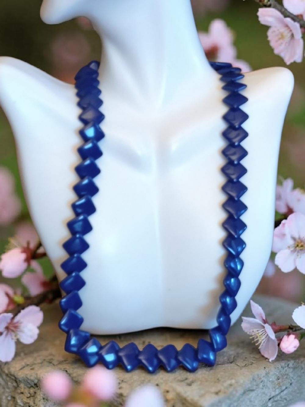 Vtg Trifari Blue Geometric Bead Necklace